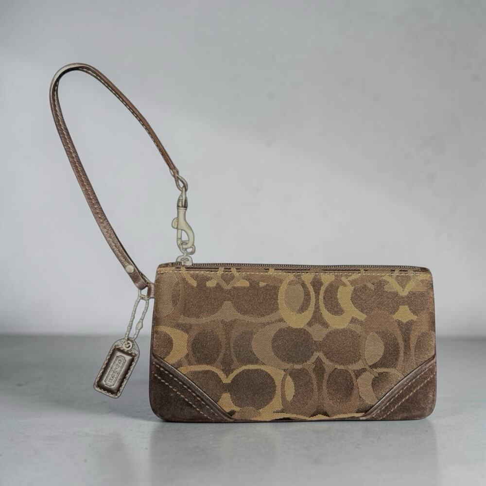 Coach Signature Optic C Tan Brown Jacquard Leather & Suede Wristlet Y2K Mini